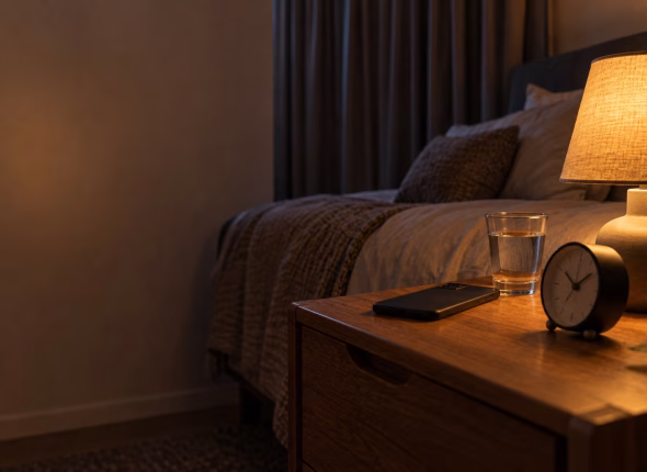 A bedside table at night with a lamp turned low, a phone lying face down, a glass of water and a plain analogue alarm clock