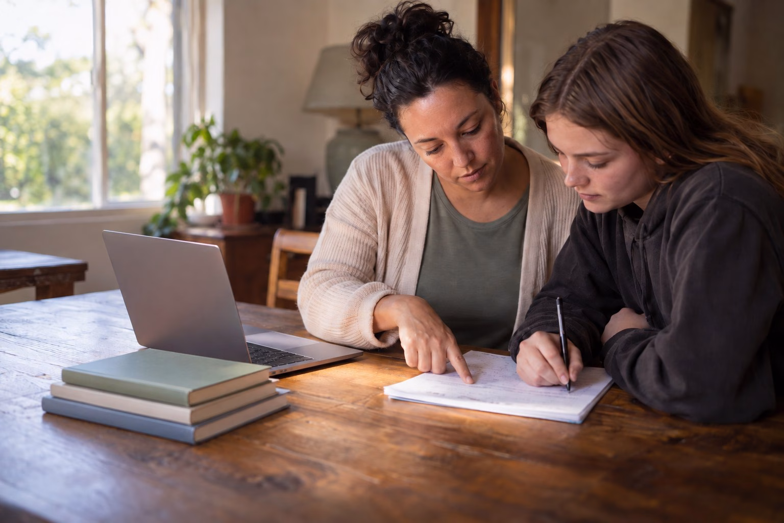 A South African tutor and a Grade 12 learner working through a single page together at a dining table, the tutor pointing at one line while the learner writes