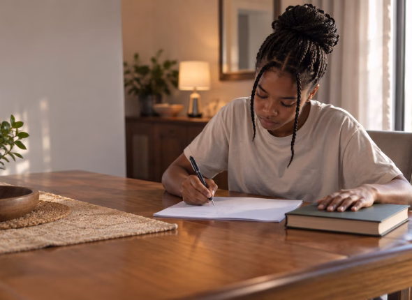 A South African adult learner writing in an exercise book at a dining table with a closed textbook under one hand, studying towards a matric qualification