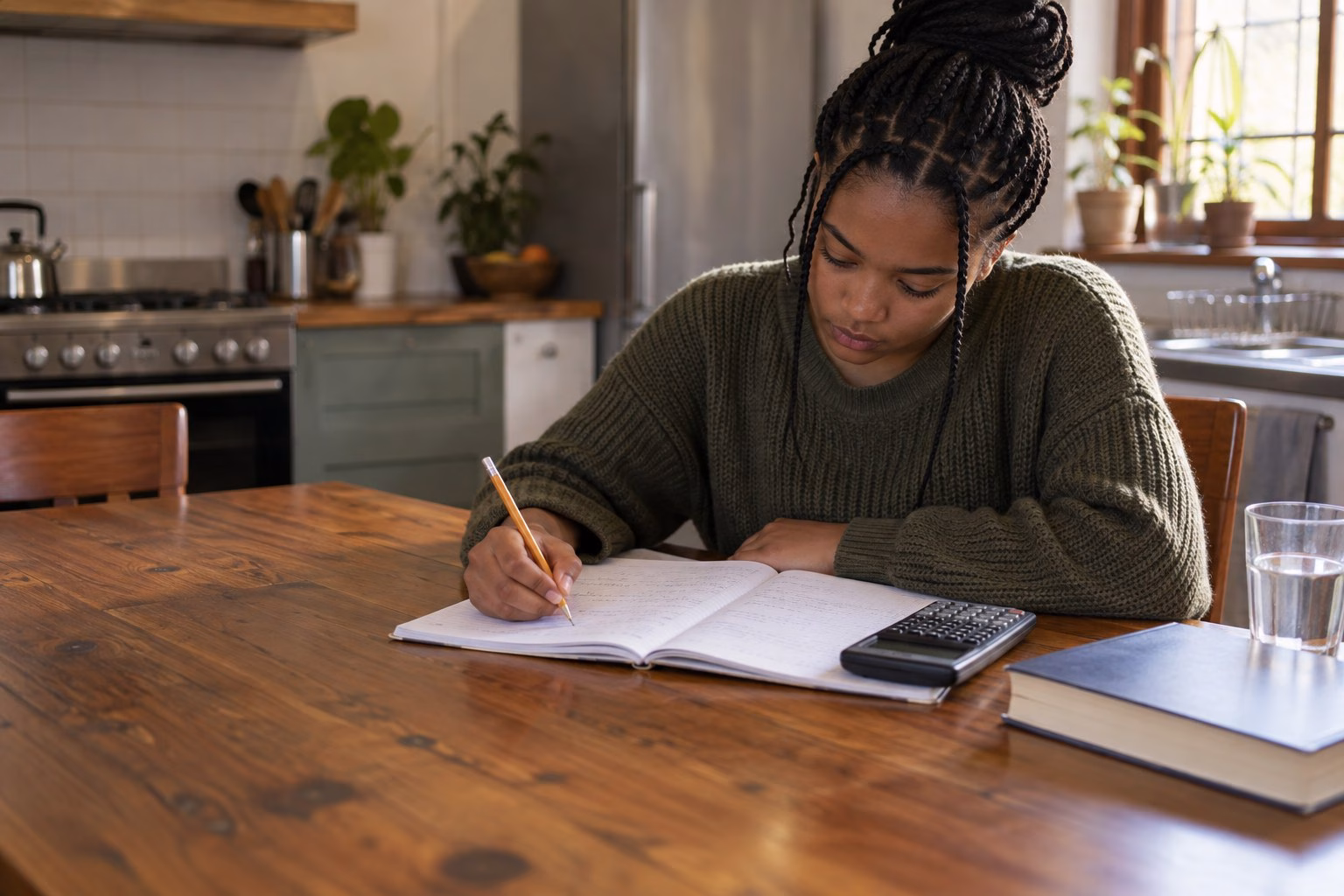 A South African school-leaver working through mathematics problems by hand in an exercise book at a kitchen table, with a scientific calculator beside the book