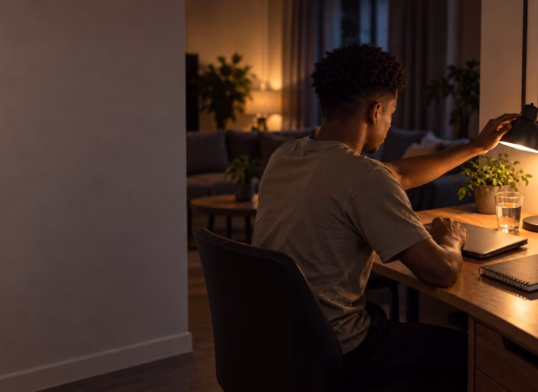 A South African school-leaver closing a laptop at a desk in the evening at the end of a study session, with a lamp lit and a lounge behind him